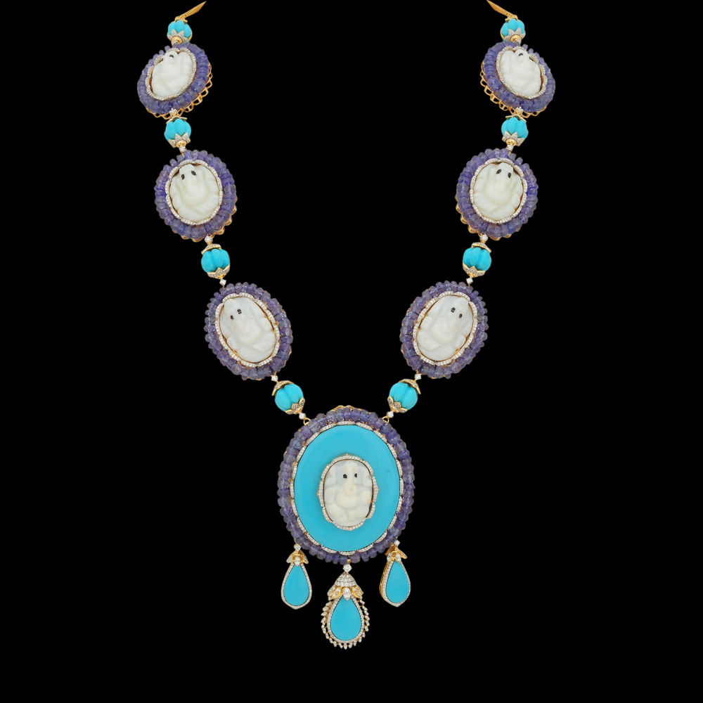 Natural Carved Turquoise, Tanzanite, Opal and Diamond Necklace