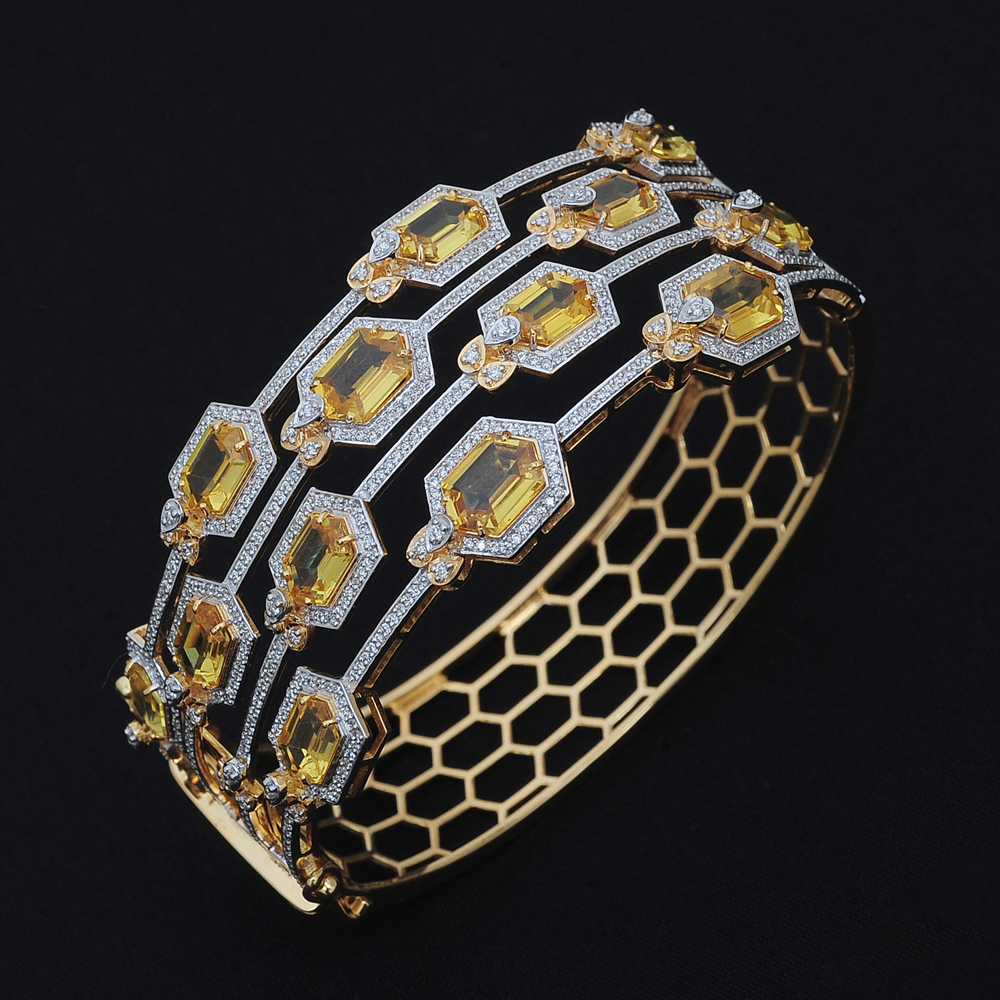 Hexagon Design Openable Diamond Bracelet with Natural Yellow Sapphires