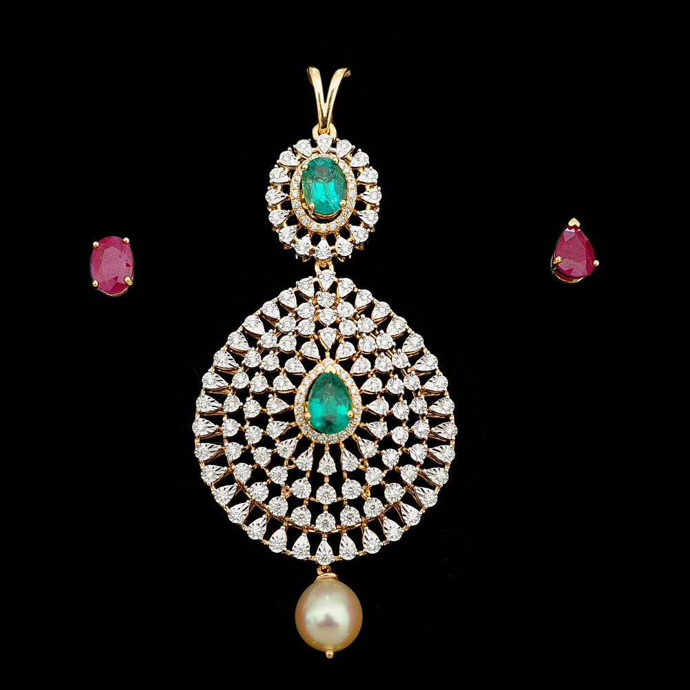 Diamond Pendant with changeable Natural Emeralds/Rubies and Pearl Drops