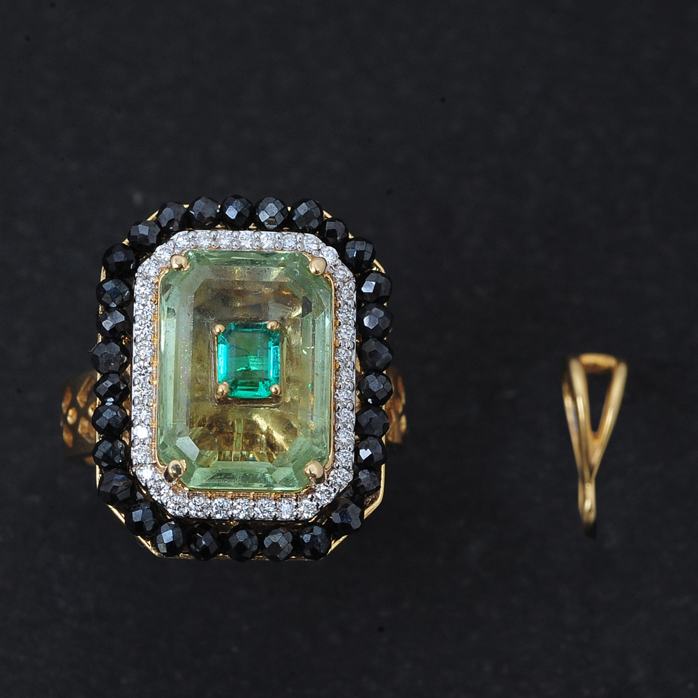 2-in-1 Diamond Pendant and Ring with Natural Aquamarine, Emeralds and Black Beads