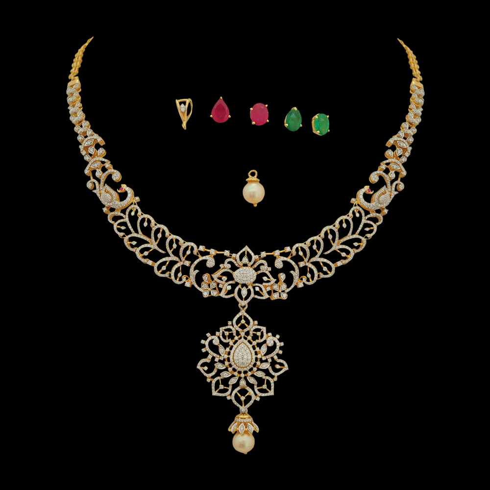Diamond Necklace with Changaeble Natural Rubies, Emeralds and Pearl Drops