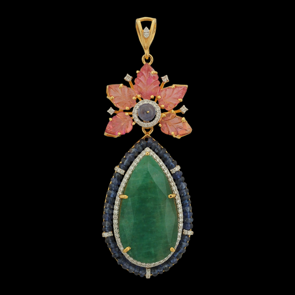2-in-1 Diamond Necklace and Pendant with Natural Carved Emerald, Sapphire and Tourmaline