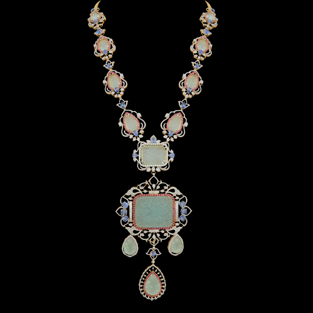 4-in-1 Natural Carved Aquamarine, Sapphire, Ruby and Diamond Necklace