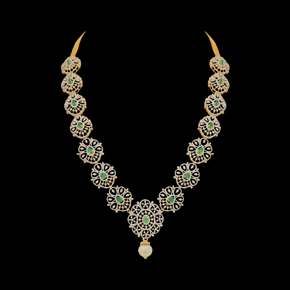 3-in-1 Natural Emerald/Ruby and Diamond Necklace with Pearl Drops