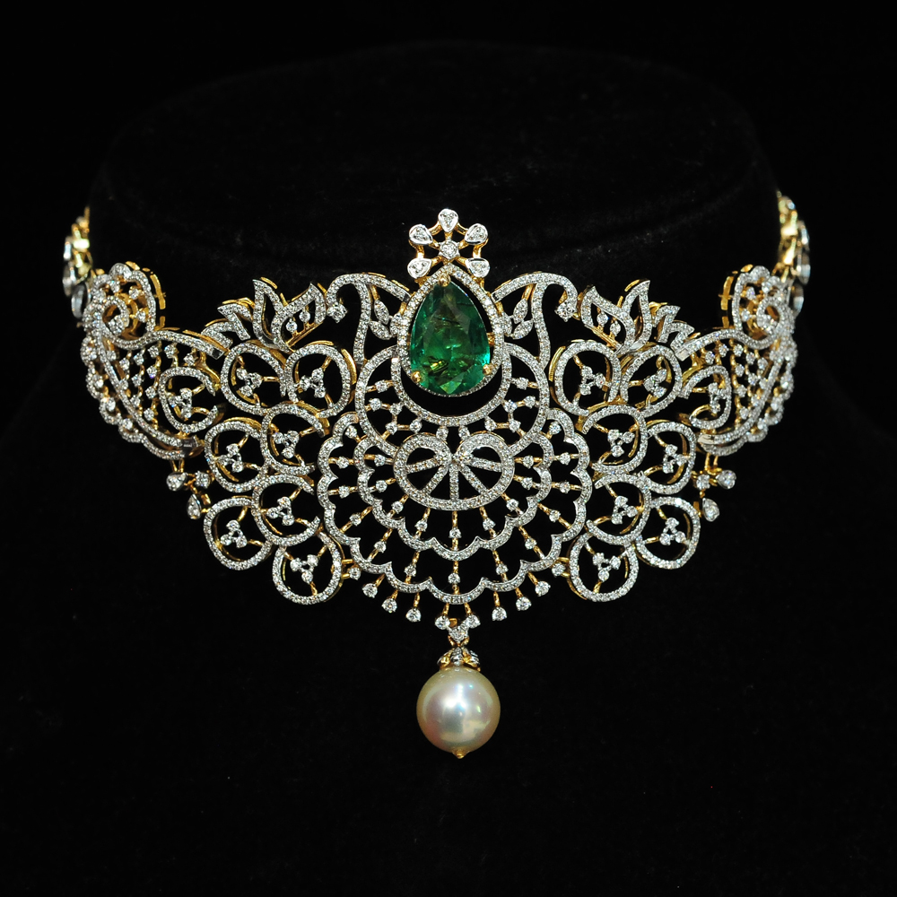 Designer Diamond Choker Necklace with changeable Natural Emeralds/Rubies and Pearl Drops