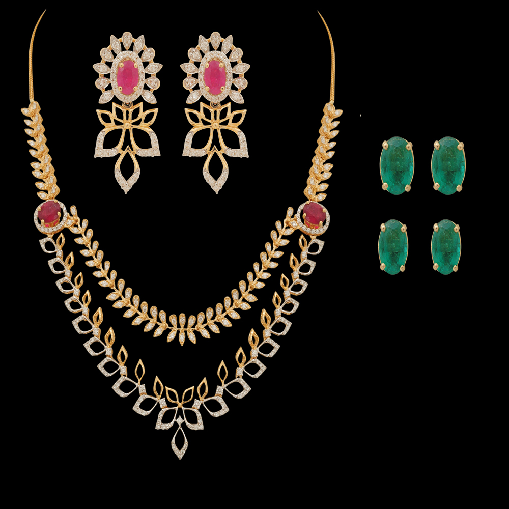 Gold & Diamond Earrings & Necklace with Interchangeable Emeralds & Rubies