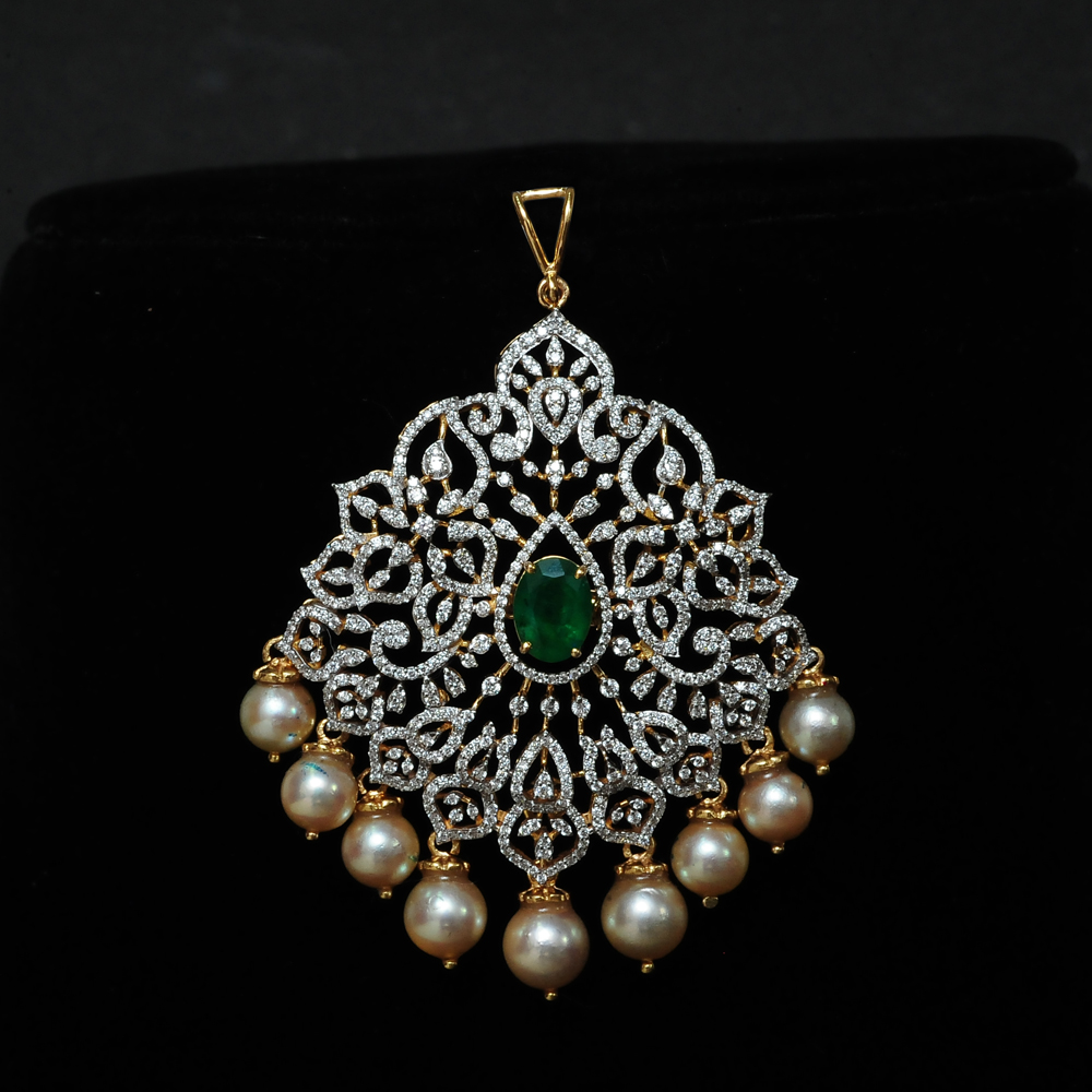 3-in-1 Diamond Necklace and Pendant with changebale Natural Emeralds/Rubies and Pearl Drops