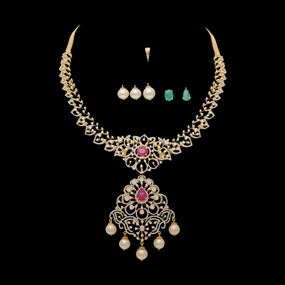4-in-1 Natural Ruby/Emerald and Diamond Necklace and Pendant with Pearl Drops
