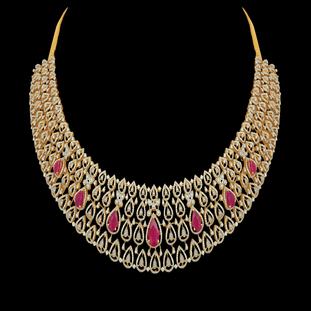 South-Indian Style Multi-purpose Necklace & Earrings Set made of Gold, Diamond, and Pearls & Rubies