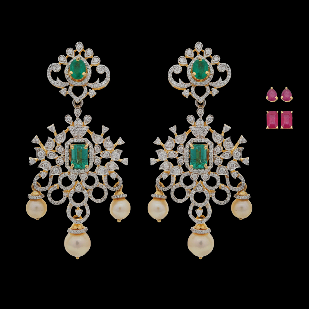Diamond Earrings with Natural Emerald/Ruby and Pearl Drops