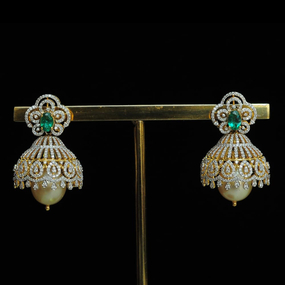3 In 1 Diamond Earrings with changeable Natural Emeralds/Rubies and Pearl Drops