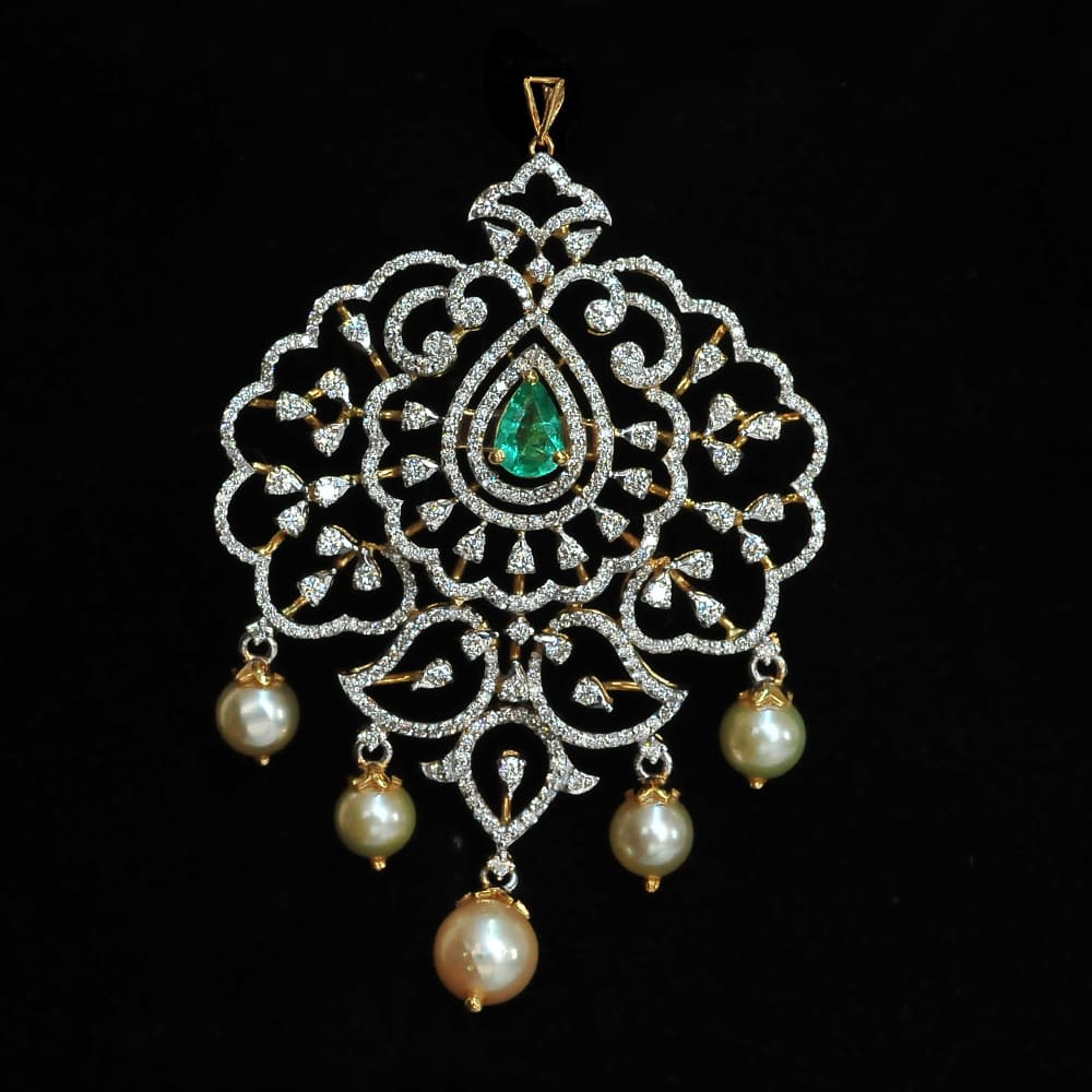 Diamond Pendant with changeable Natural Emeralds/Rubies and Pearl Drops.