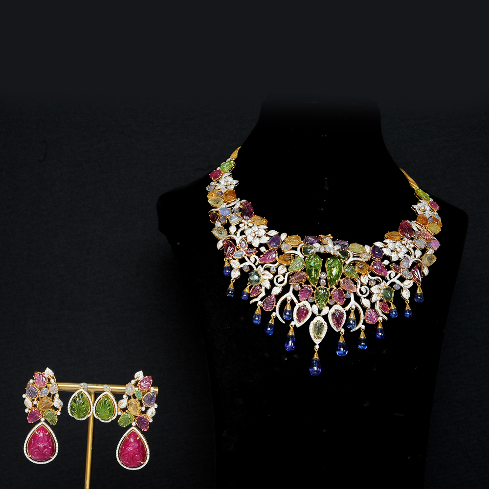 Diamond Necklace With Natural Tourmaline, Tanzanite, Multi-Colour Sapphires and Peridot