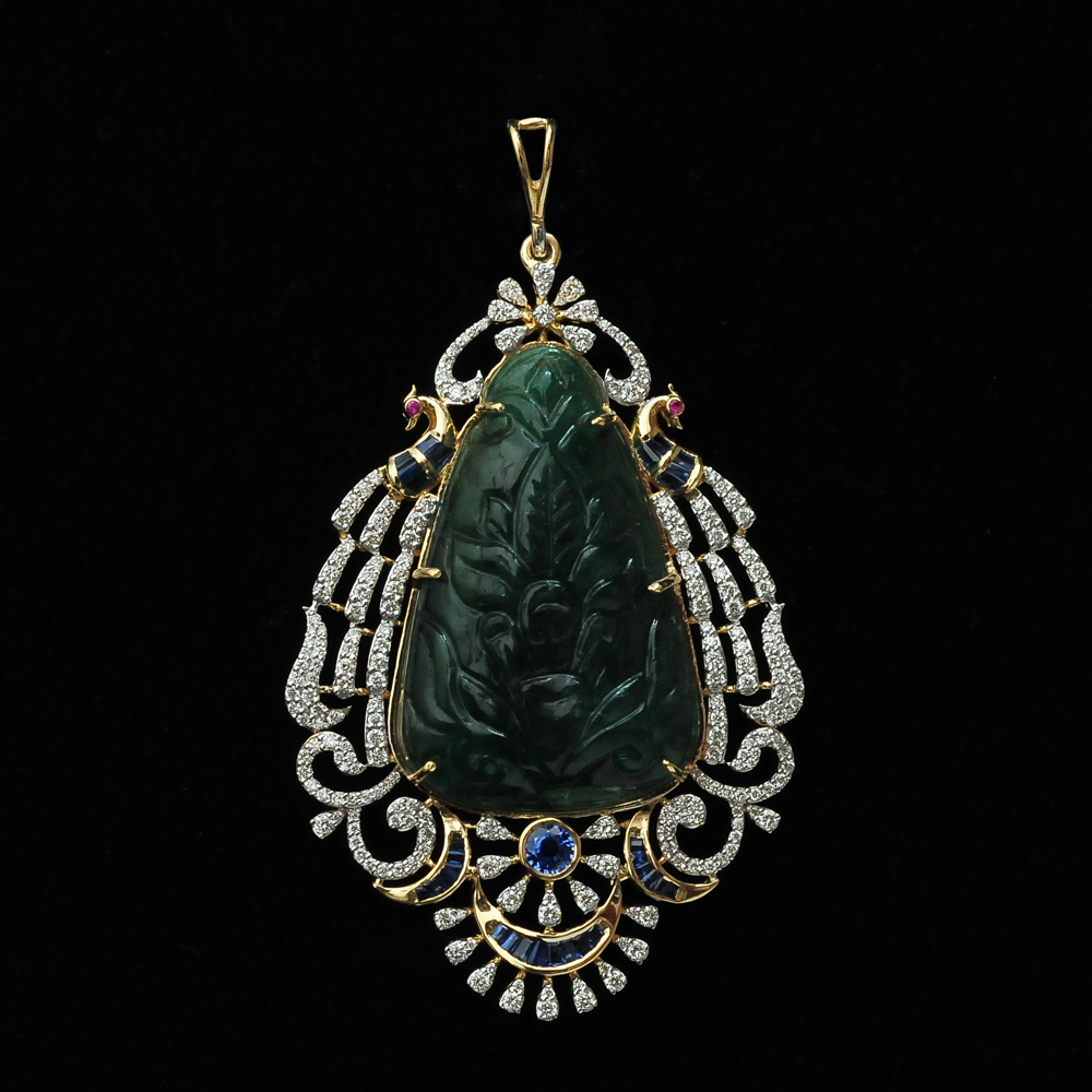 Diamond Necklace with Natural carved Emeralds, Rubies and Blue Sapphires
