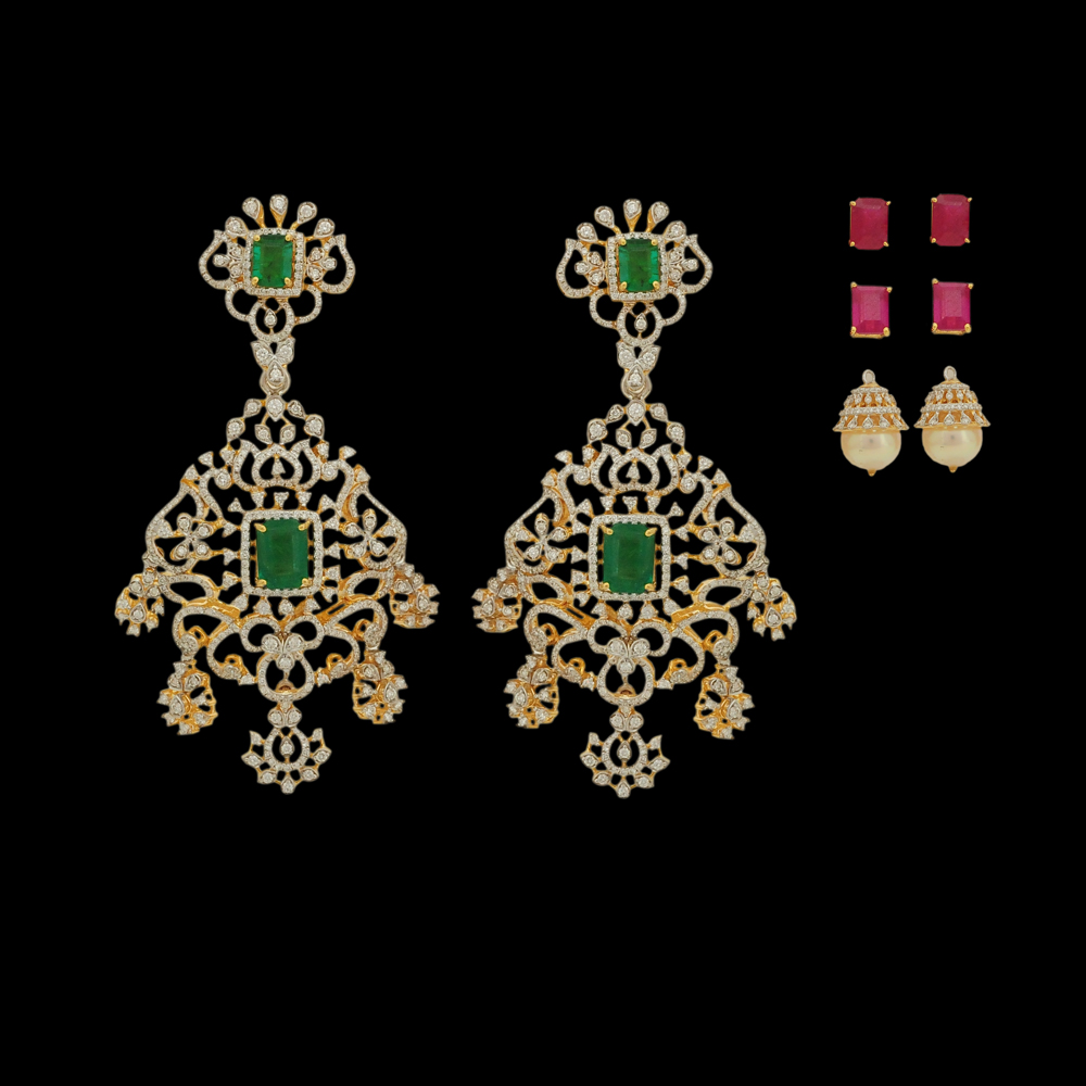 Diamond Earrings with Changeable Natural Emerald/Ruby Gemstone and Changeable Pearl Drops