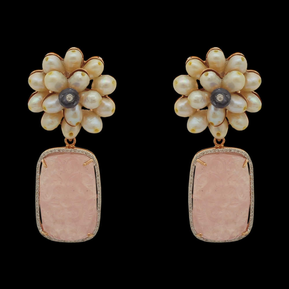 Diamond Earrings with Natural Morganite, Tanzanite and Pearls