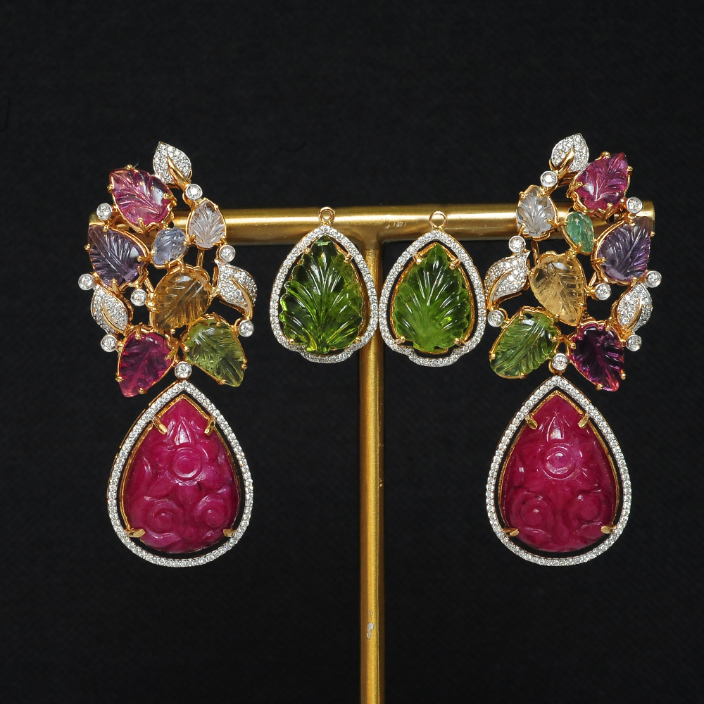 Diamond Earrings with Natural Rubies, Tourmaline, Multi-colour Sapphires and Peridot
