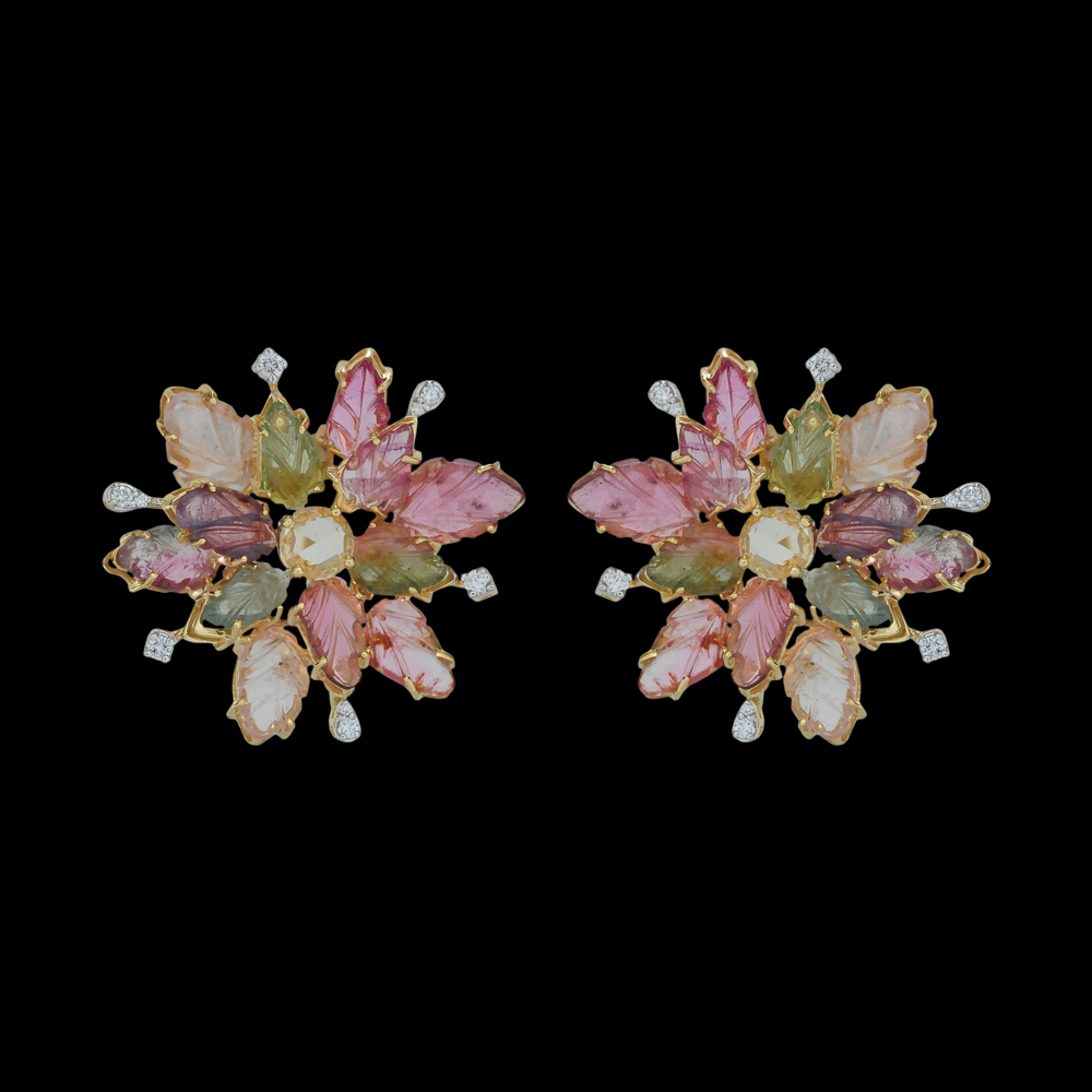 Diamond Studs with Multi-color Natural Sapphires and Leaf-Design Tourmaline