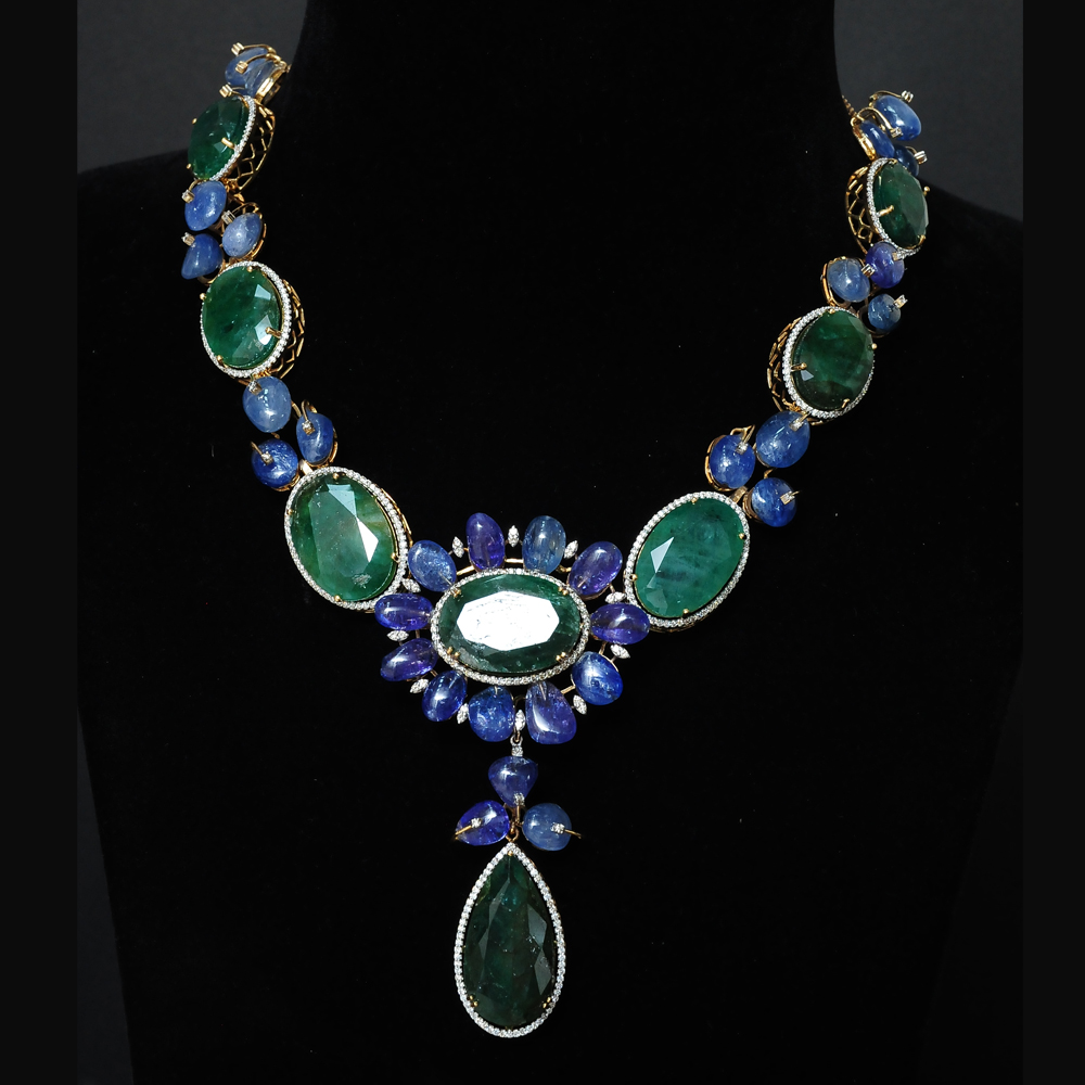 Diamond Necklace with Natural Blue Bead Sapphires and Emeralds