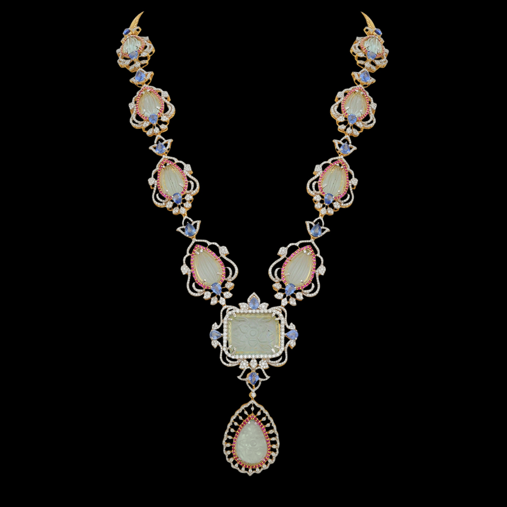 4-in-1 Natural Carved Aquamarine, Sapphire, Ruby and Diamond Necklace