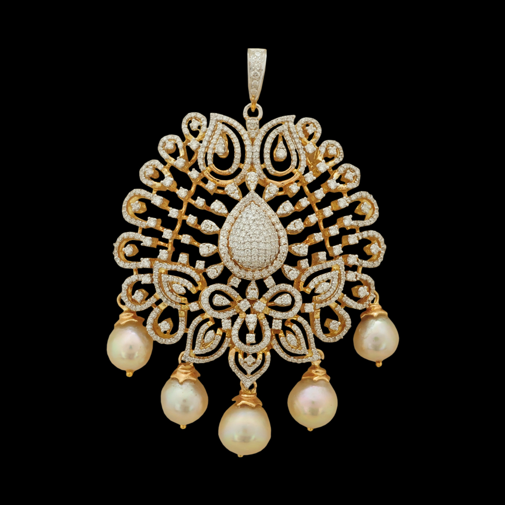 Elegant Necklace with Hanging Pearls and Encrusted Diamonds