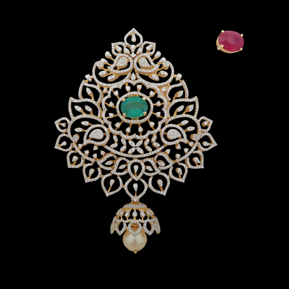 Diamond Pendant with Natural Emerald/Ruby and Pearl Drops