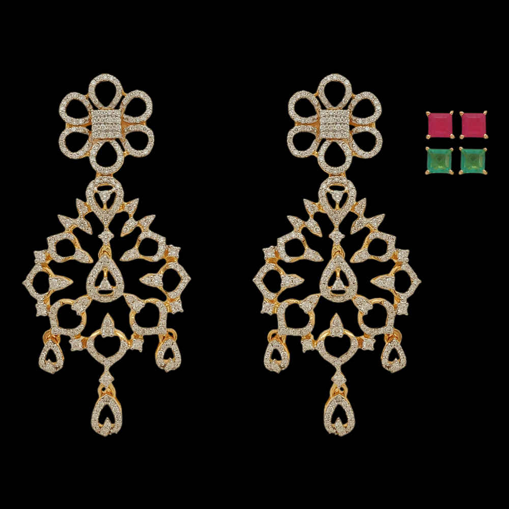 Diamond Chandelier Earrings with Changeable Natural Emerald/Ruby