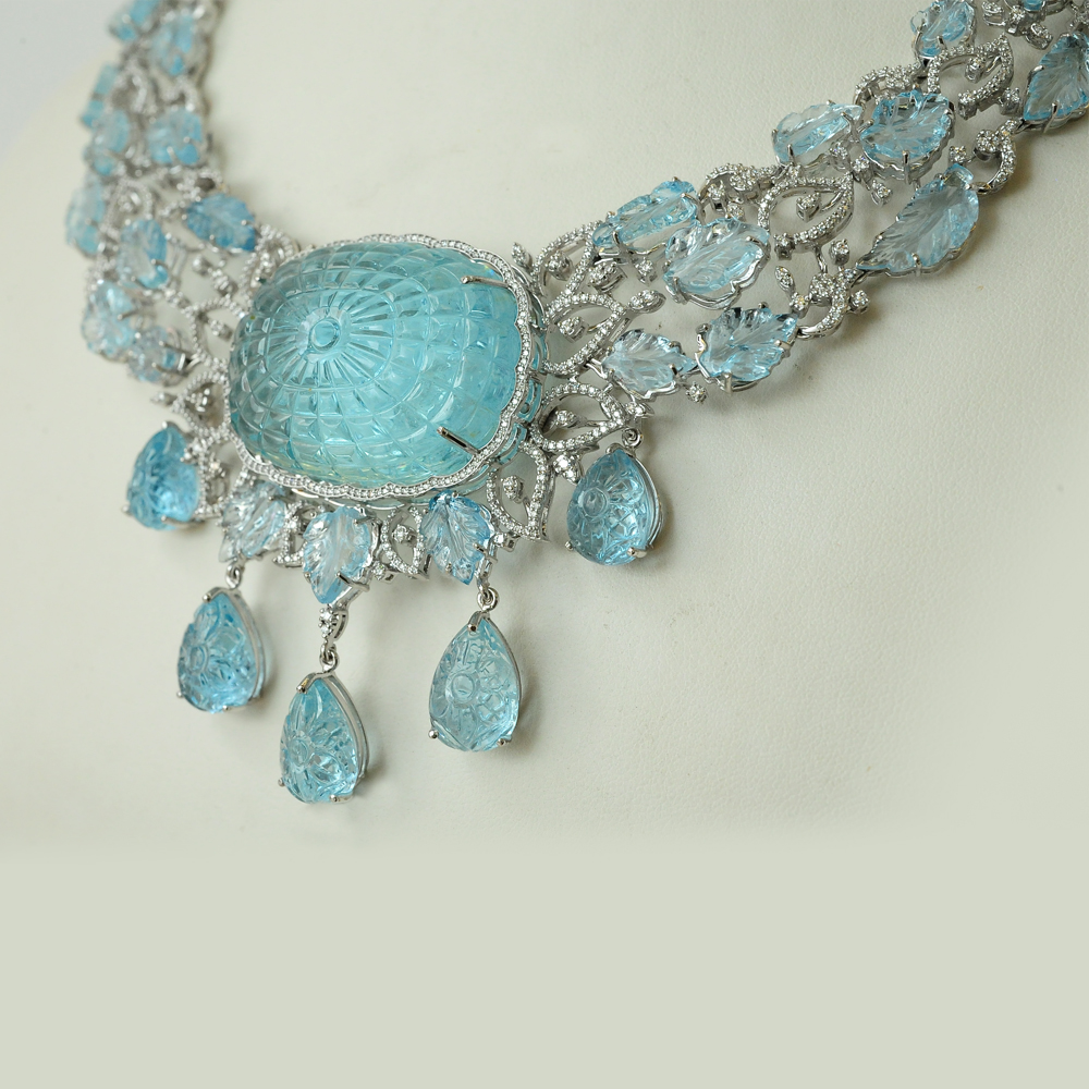 Designer Diamond Necklace with Natural Aquamarine