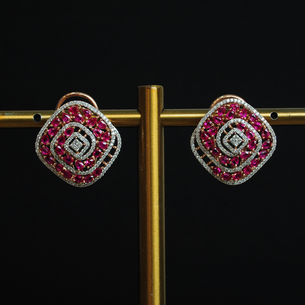 Hexagonal Shaped Diamond Earrings with Natural Rubies.