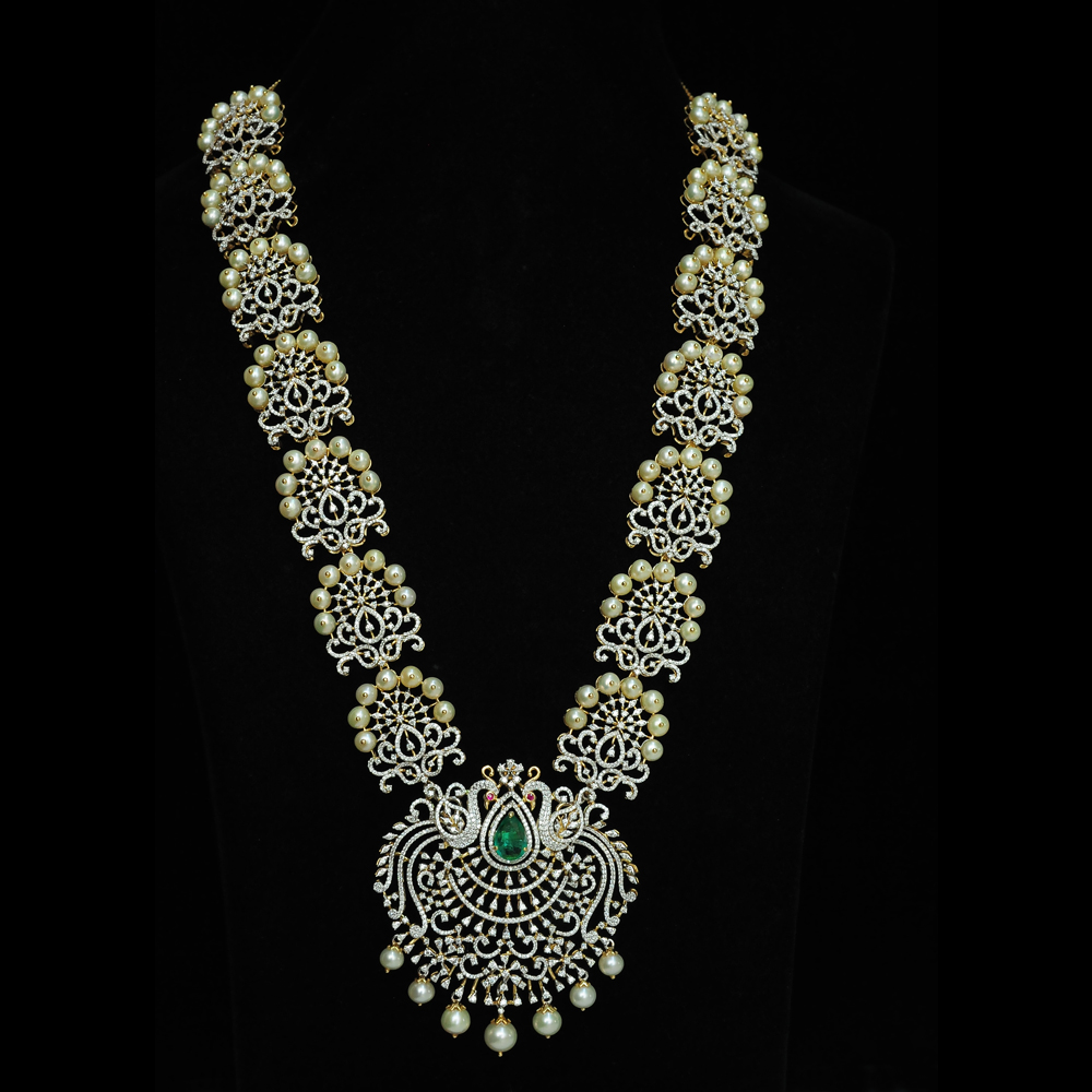 2 In 1 Long Diamond Necklace and Pendant with changeable  Natural  Emeralds/Rubies and Pearl Drops.