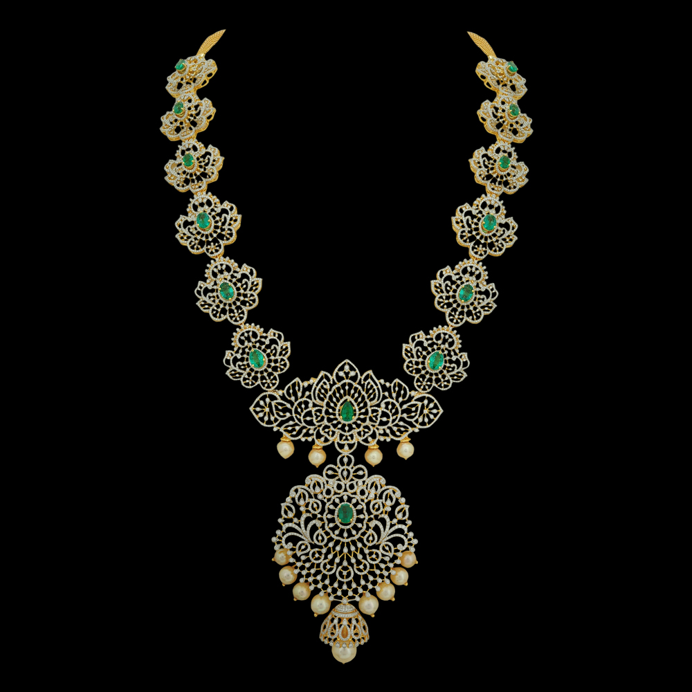 5-in-1 Natural Emerald/Ruby And Diamond Necklace, Pendant And Vaddanam With Pearl Drops 