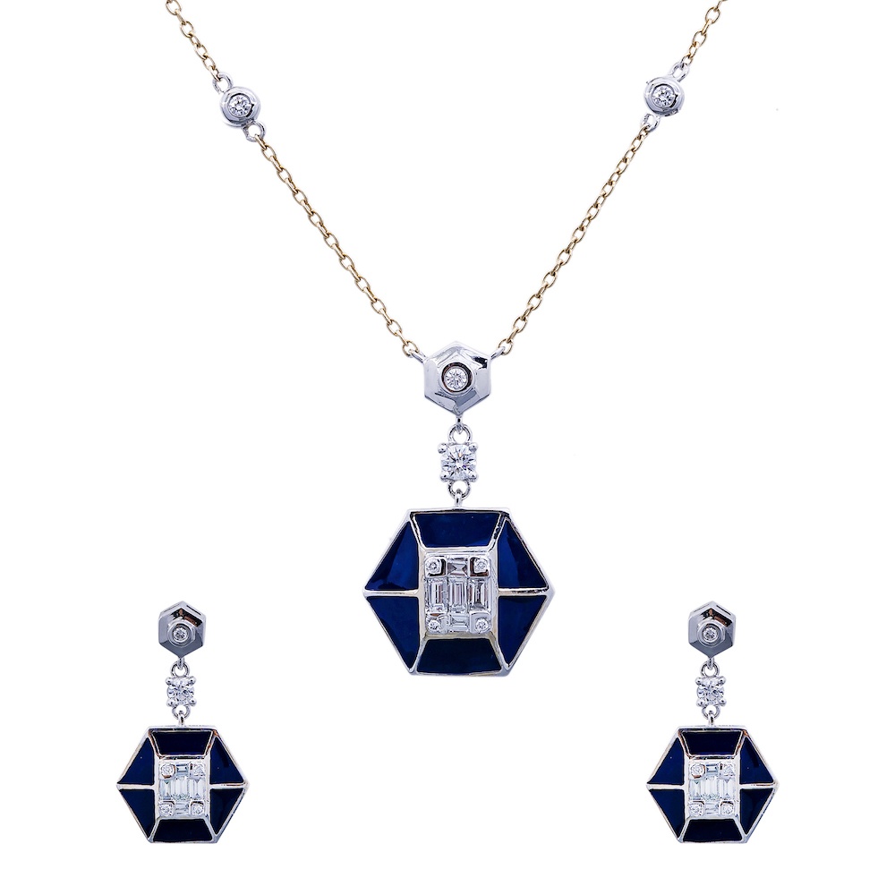 Diamond Pendant and Earrings Set with Blue Enamel in New Jersey by Maaya Fine Jewels