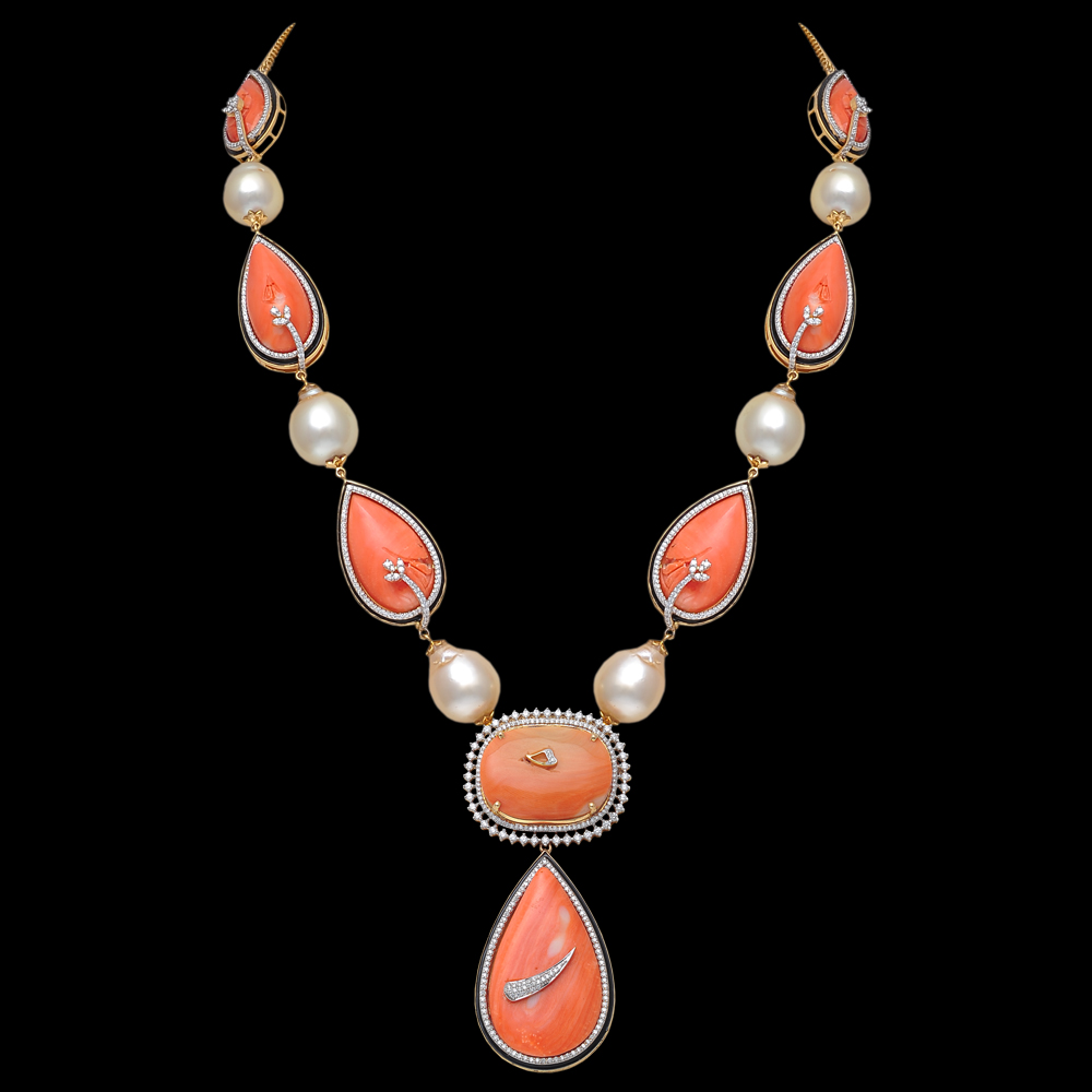 Coral Necklace & Earrings Set Made of F Colored Diamonds with VVS Clarity