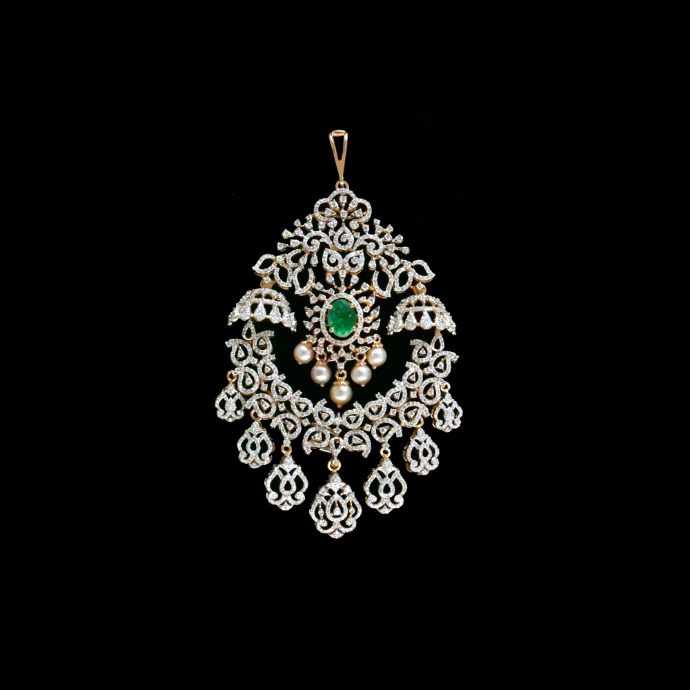 2 In 1 Long Diamond Necklace and Pendant with changeable Natural Emeralds/Rubies.