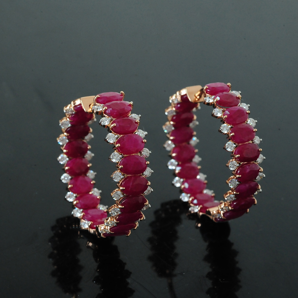 Diamond Hoop Earrings with Natural Rubies