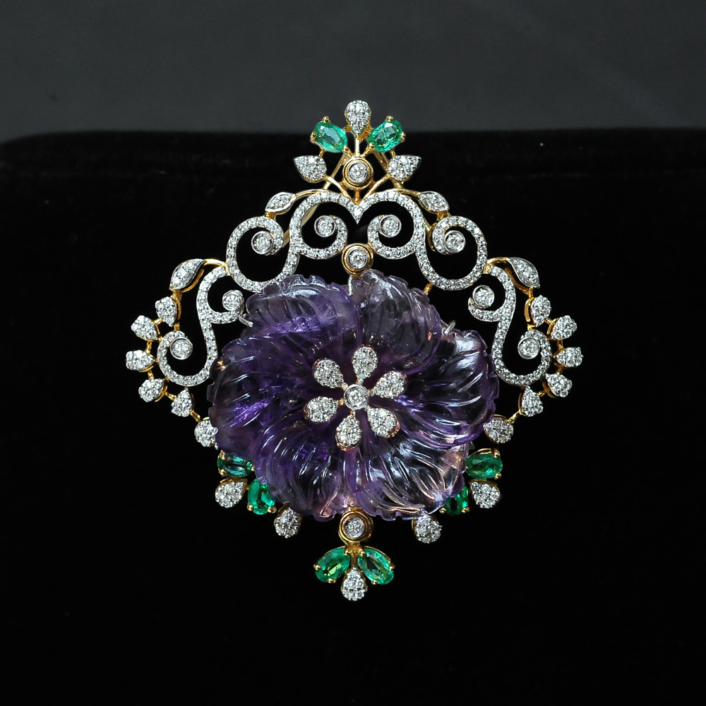 Floral Design Diamond Pendant with Natural Emeralds and Amethyst