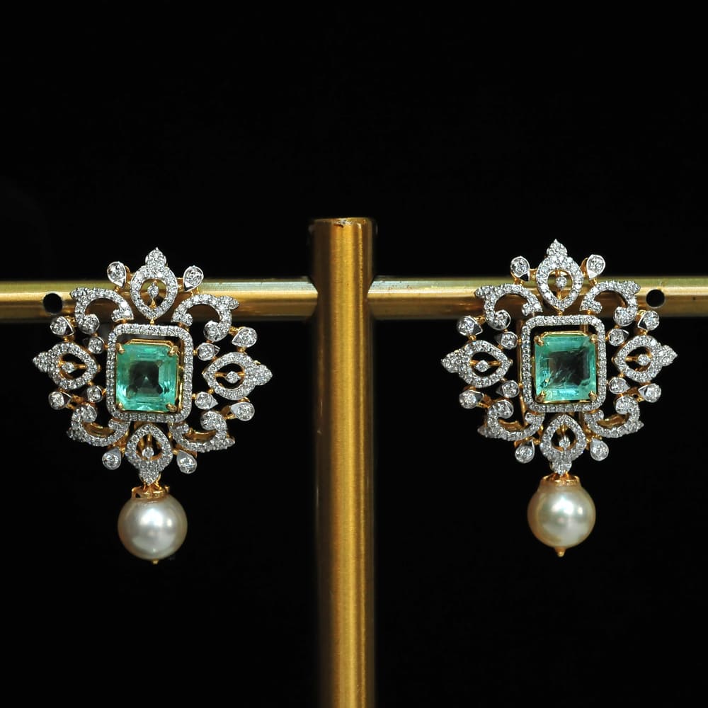 2 In 1 Diamond Earrings with Natural Emeralds and Detachable Pearl Drops.