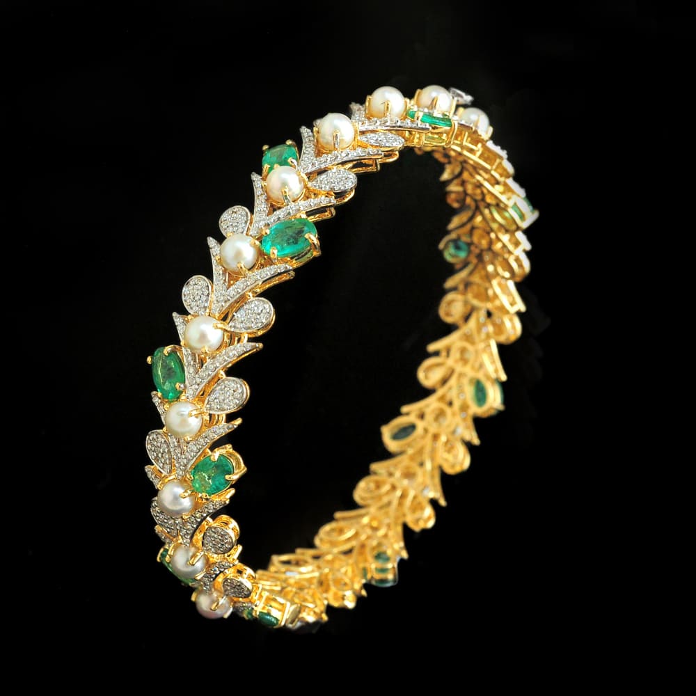 Diamond Bangle with Natural Emeralds and Pearls 