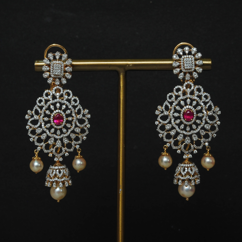 2-in-1 Diamond Earrings with changeable Natural Emeralds/Rubies and Pearl Drops