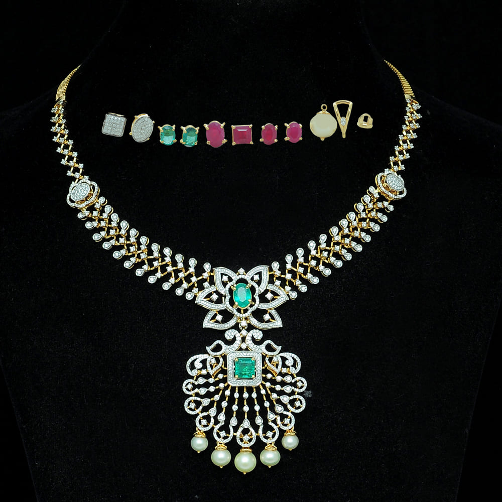 Diamond Necklace and Pendant with changeable Natural Emeralds/Rubies and Pearl Drops