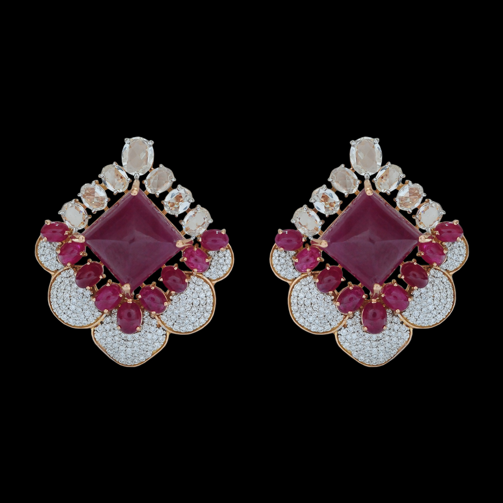 Rhombus Shape Diamond Studs with Natural Rubies and Sapphires
