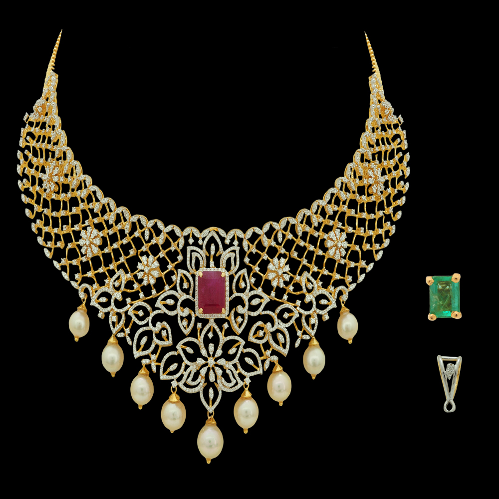 2-in-1 Choker Necklace and Chandbali Hoop Earrings Set with Detachable Pendant and Interchangeable Emeralds and Rubies