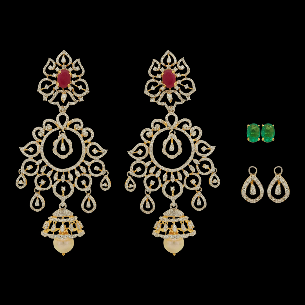 Natural Changeble Ruby/Emerald and Diamond Chandelier Earrings with Pearl Drops
