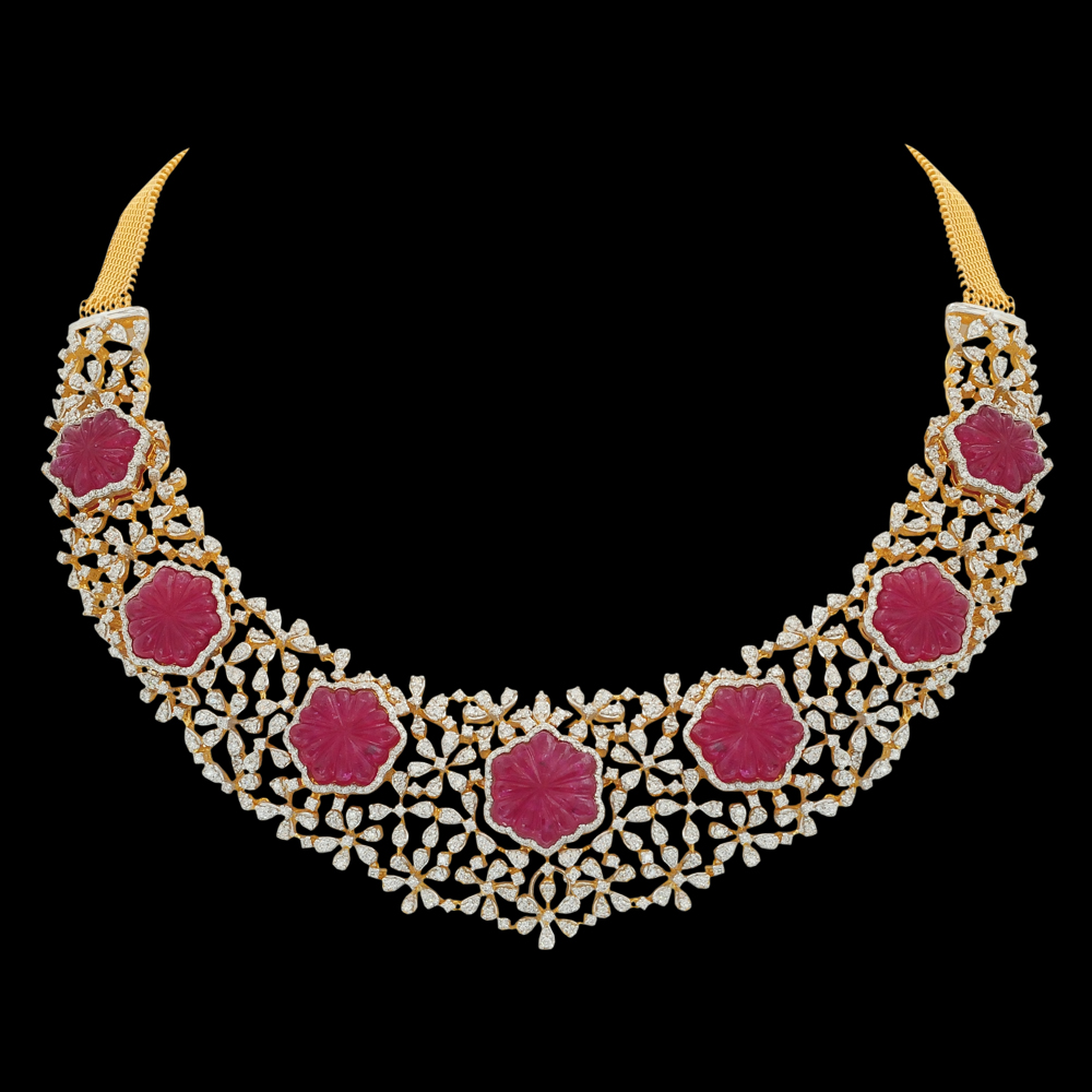 Natural Carved Ruby and Diamond Choker and Earring Set