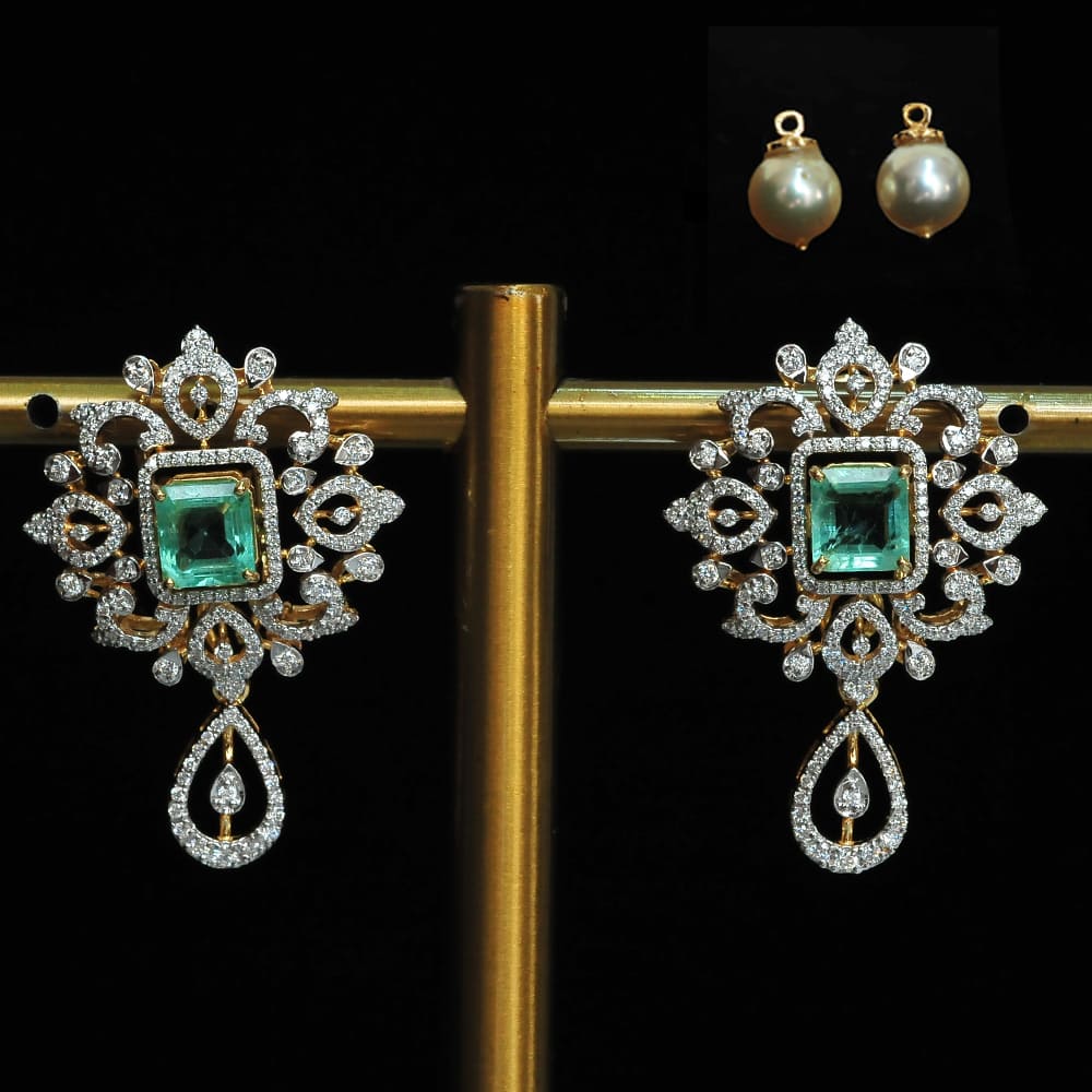 2 In 1 Diamond Earrings with Natural Emeralds and Detachable Pearl Drops.