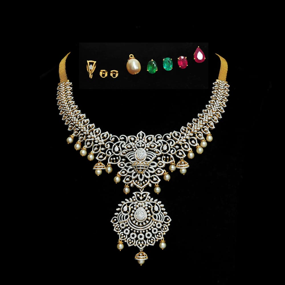 2 In 1 Diamond Necklace and Pendant with changeable Natural Emeralds/Rubies and Pearl Drops.