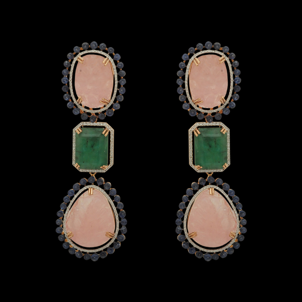 Diamond Earrings with Natural Carved Emerald, Morganite and Sapphire