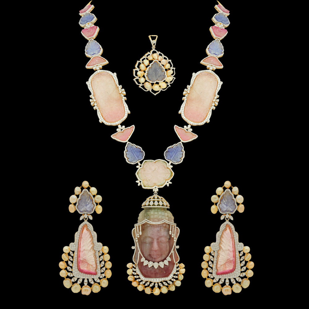 2-in-1 Natural Carved Buddha Tourmaline, Tanzanite and Diamond Haaram, Pendant and Earrings Set 