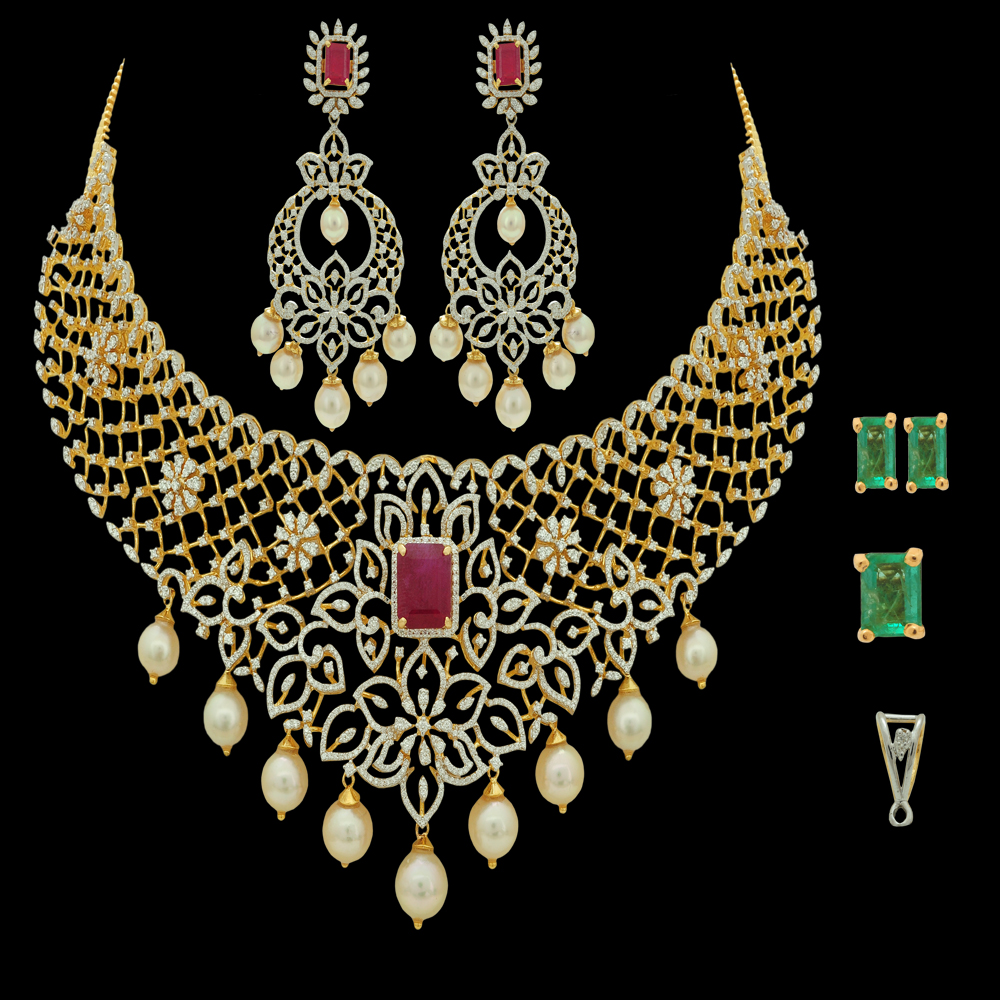 2-in-1 Choker Necklace and Chandbali Hoop Earrings Set with Detachable Pendant and Interchangeable Emeralds and Rubies
