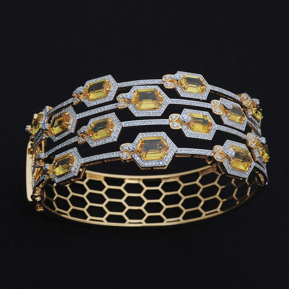 Hexagon Design Openable Diamond Bracelet with Natural Yellow Sapphires